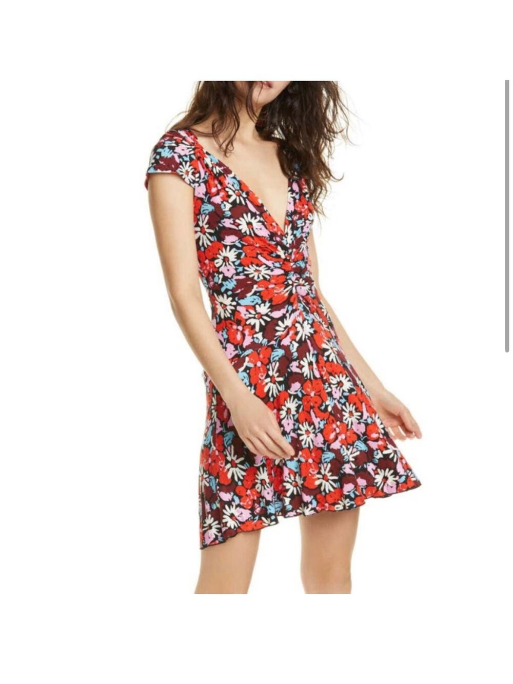 Free People Key to Your Heart Mini Dress Floral Ribbed Stretch Red Black Small